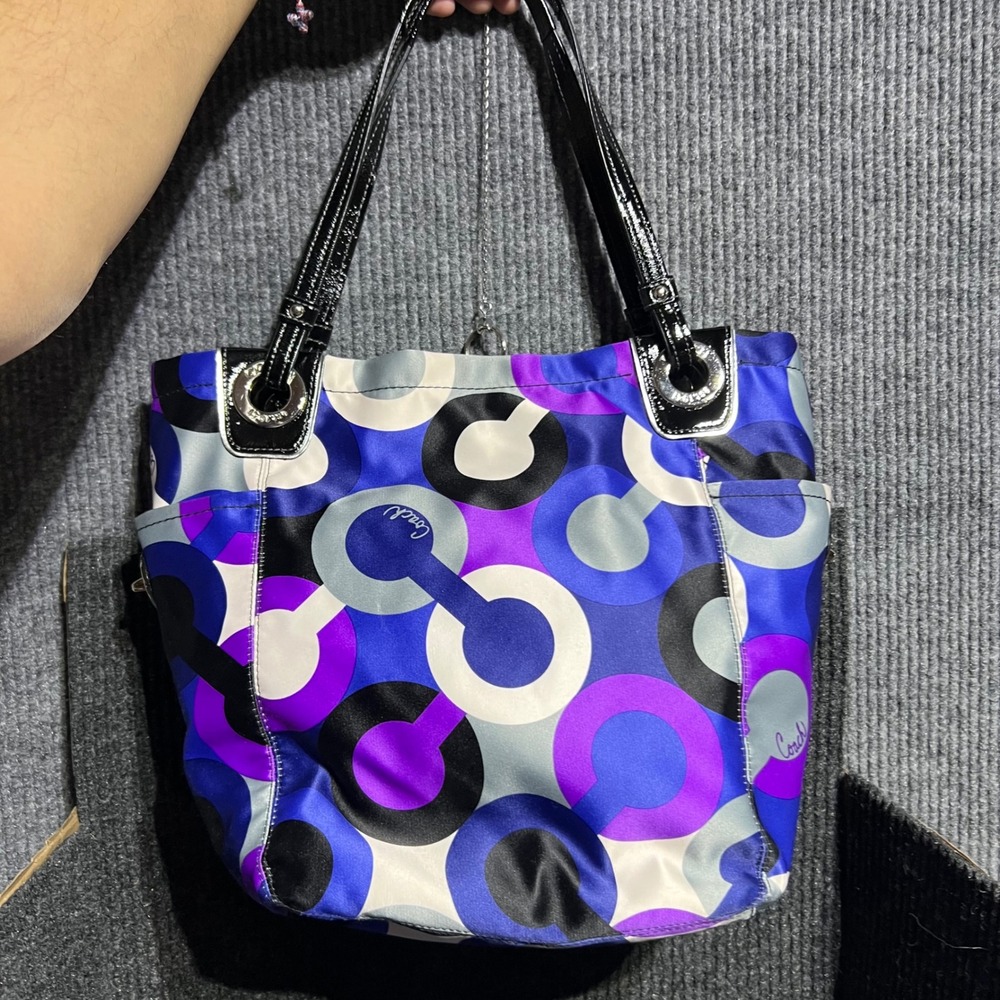 Coach Alex OP Tote Purple Blue C Logo Nylon Patent Trim 14398 Bag Multiprint - Picture 6 of 15